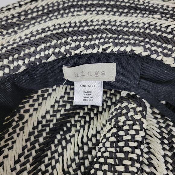 Hinge Two Tone Panama Hat Black White Wide Brim Woven Straw Pom Pom Summer NWOT - Picture 11 of 16